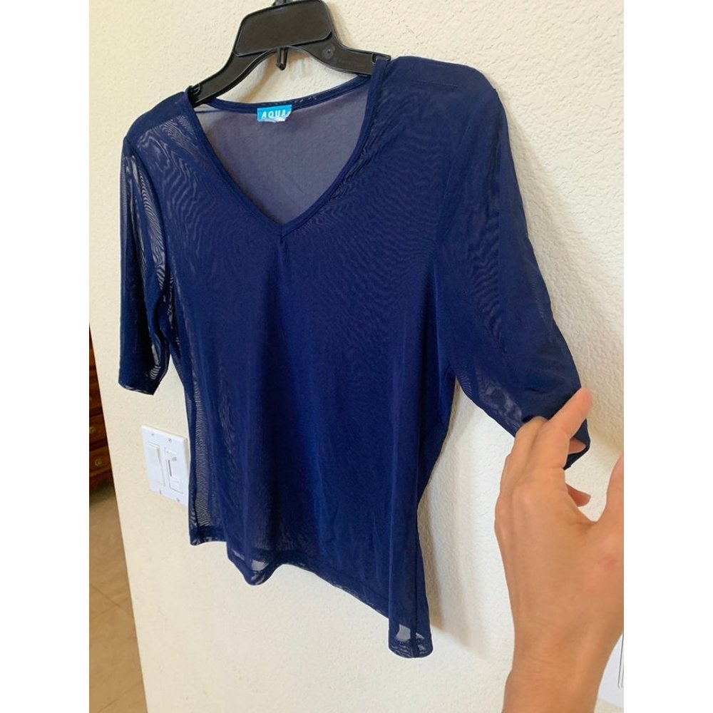 5/$20 💥 AQUA navy blue mesh sheer bikini coverup top 3/4 sleeve top